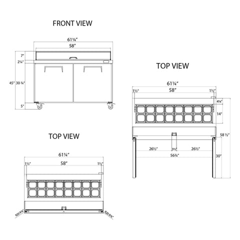 Straight Up Heavy Duty 60 Inch Stainless Steel Refrigerated Sandwich Prep Table With Two Doors And Ample Cold Storage Built Rock Solid For Commercial Kitchen Salad Bars front and top view with measurements.