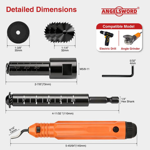 Inside Pipe Cutter For PVC Pipe With Diamond Grit Blade And Deburring Tool Versatile 8 Piece Set dimensions and components.