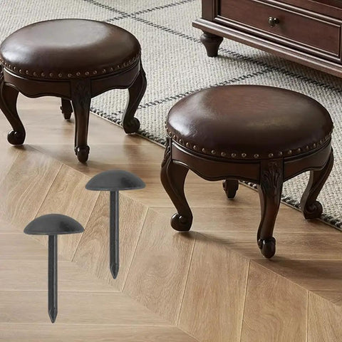 200 Piece Antique Black Dome Upholstery Tacks and Vintage Thumb Nails For Sofa Furniture Restoration Plus Compact Storage Case For A No Sweat Weekend Craft Build with wooden stools.