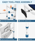 Adjustable Toilet Safety Frame with tool-free assembly showing fasteners, rotatable clamps, and height buttons.