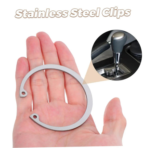 Hand holding a Five Piece Stainless Steel C Clips Kit For Grooved Shafts next to car shifter inset.