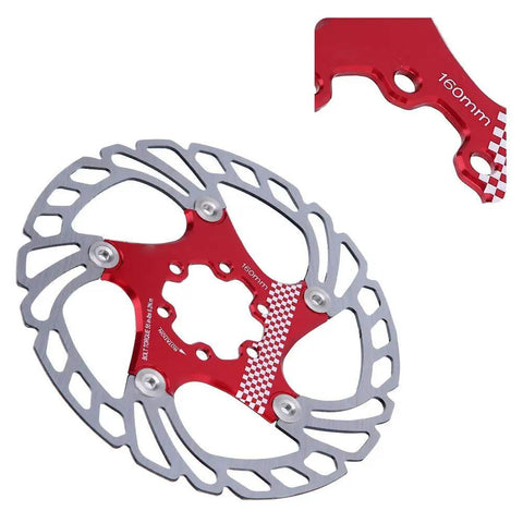 160mm red and silver disc brake with CNC precision for mountain bikes, featuring dual material construction for heat dissipation.