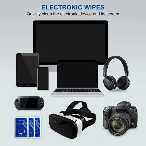 Giant 7 By 8 Inch Screen Wipes Pre Moistened For Safe Cleaning Of TV Computer Laptop Phone And Tablet Screens 40 Count Electronic Device Cleaner Wipes with various electronics including laptop, camera, tablet.