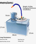 Powerful 90W Submersible Coolant Pump Kit For Lathe And Milling Machines with blue hose, steel tank, dimensions 38x25x21cm.
