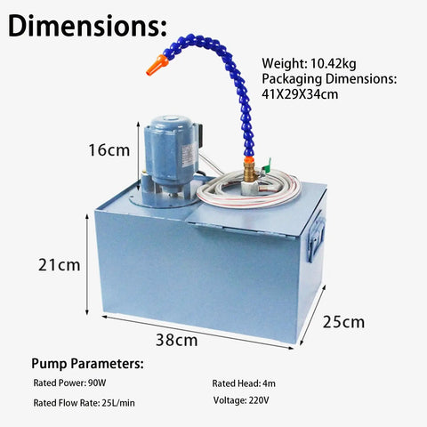 Powerful 90W Submersible Coolant Pump Kit For Lathe And Milling Machines with blue hose, steel tank, dimensions 38x25x21cm.