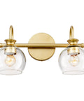 Gold Finish 15 Inch Two Light Vanity Light With Clear Globe Glass Shades Dope Modern Steel Bath Fixture For Over Mirror Vanity Or Hallway Perfect For Makeup And Grooming