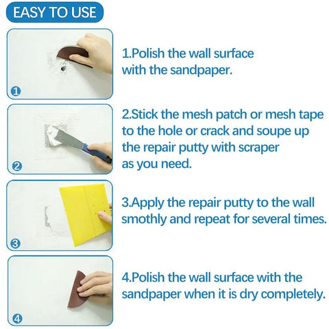 Step-by-step instructions for using Heavy Duty Drywall Patch Kit With Scraper And Sandpaper 17 Oz Spackle Paste For Wall Holes.