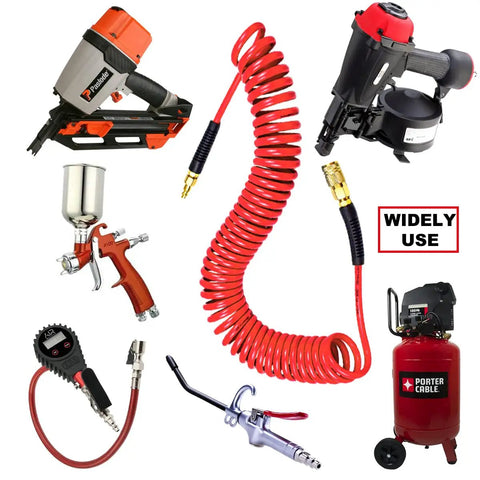 Heavy Duty Polyurethane Recoil Air Hose Self Coiling Compressor Line 1/4 In By 25 Ft with various air tools and accessories.
