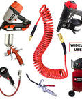 Heavy Duty Self Coiling Air Hose With Legit Slick Polyurethane Build And 3/8 Inch ID By Ten Feet Length Featuring Bend Restrictor surrounded by various air tools.