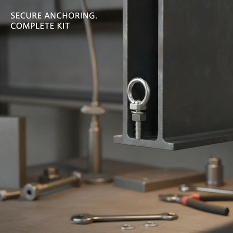 M3 Stainless Steel Eye Bolt Kit With Nut And Washers For DIY Hanging Projects Indoor Outdoor Use fixed to a metal beam
