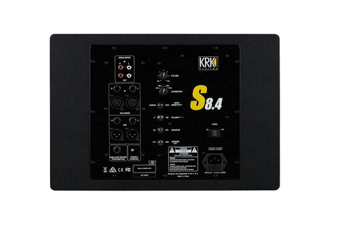 Back panel of Eight Inch S8 Four Generation Four Powered Studio Subwoofer With A 109 Watt Class D Amp Delivers Bass To 30Hz Max SPL 112 dB
