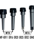 Top Tier Morse Taper Tool Holder Collet Chuck With Straight Rod Handle For Heavy Duty Drilling And Milling ER11 ER16 ER20 ER25 ER32 MT1 MT2 MT3 4 5 Spindle Motor Adapter Extender. Four collet chucks displayed.