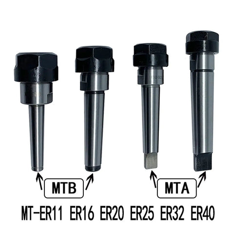 Top Tier Morse Taper Tool Holder Collet Chuck With Straight Rod Handle For Heavy Duty Drilling And Milling ER11 ER16 ER20 ER25 ER32 MT1 MT2 MT3 4 5 Spindle Motor Adapter Extender. Four collet chucks displayed.