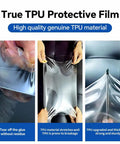 True TPU Paint Protection Film showcasing tear-proof quality, stretchability, and thickness for durability. Premium 8.5 Mil TPU Paint Protection Film Precut Rear Bumper Guard For Tesla Cybertruck 2025 And 2026 Self Healing Slick Clear Auto Armor Kick Ass Scratch Shield.