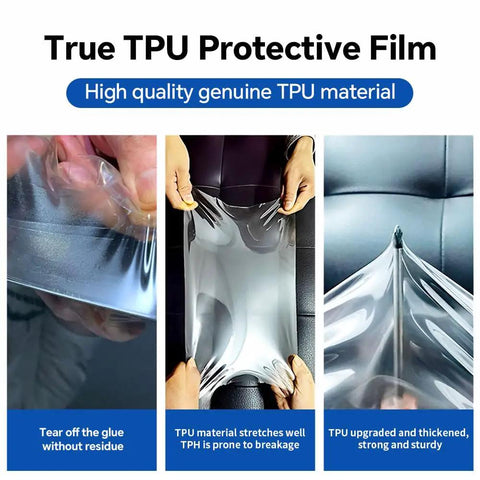 True TPU Paint Protection Film showcasing tear-proof quality, stretchability, and thickness for durability. Premium 8.5 Mil TPU Paint Protection Film Precut Rear Bumper Guard For Tesla Cybertruck 2025 And 2026 Self Healing Slick Clear Auto Armor Kick Ass Scratch Shield.