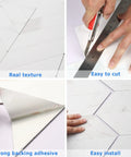 10 Sheet Herringbone Peel And Stick Backsplash In White Marble Look PVC Self Adhesive Wall Tiles, showing texture, cutting, adhesive, install.
