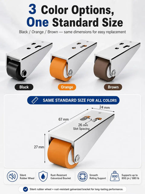 Heavy Duty Vertical Track Roller Wheel With Bracket Handles Heavy Doors Like A Dream Quiet Rubber Glides Anti Wobble Support For Cabinets Furniture Universal Fit Single Orange Piece displayed in black, orange, and brown color options.