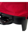 Close-up of the 2750 25lb Nylon Bag Seeder And Spreader with Cross Shoulder Strap showing red bag and side spread control.