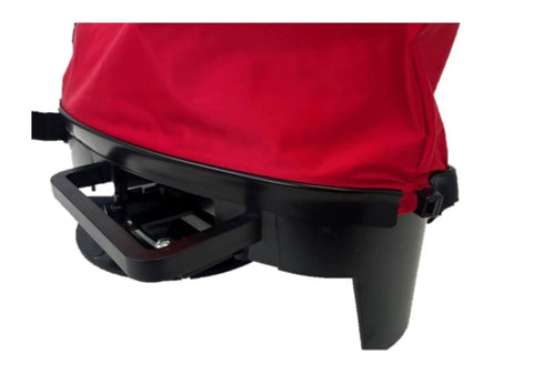 Close-up of the 2750 25lb Nylon Bag Seeder And Spreader with Cross Shoulder Strap showing red bag and side spread control.