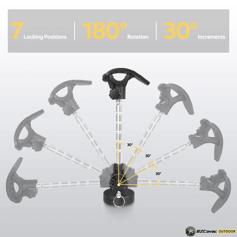 Front view of BZCOVAC OUTDOOR electric trolling motor stabilizer mount with low-profile base, screws, and aluminum rod.