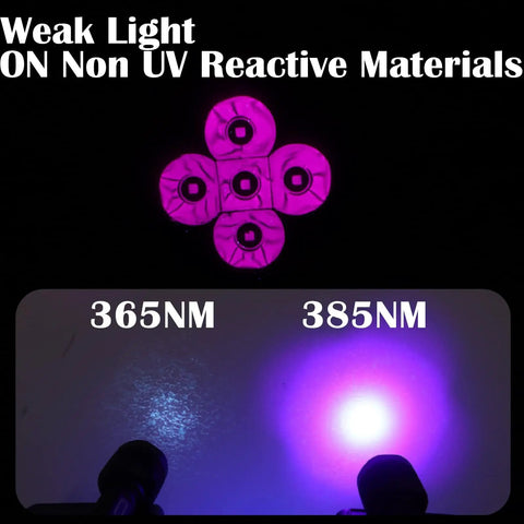 Five LED S5 UV Flashlight with Crazy Bright Ultra Beam Black Light demonstrating weak light on non-UV materials.