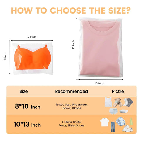 Size guide showing 50 Pack Clear Zipper Storage Bags 8x10 Inches Waterproof Reusable Travel Organizers holding clothes