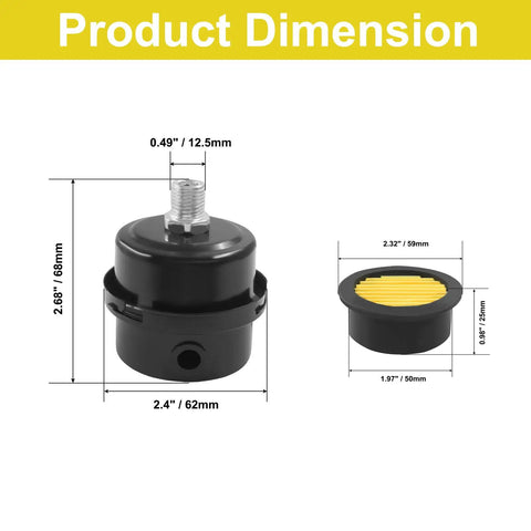 Product dimensions of Air Compressor Silencer Two Pack One Quarter Inch Thread Intake Filter Silencer With Replacement Elements And 12.5mm Metal Sound Muffler Replacement Parts That Keeps It Quiet, Blocks Dust And Moisture, And Boosts Efficiency