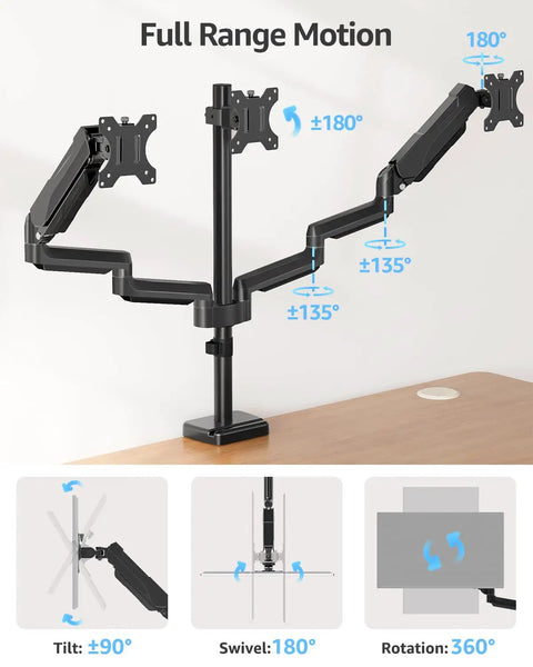 Triple Monitor Desk Mount For Up To 27 Inch Screens, Heavy Duty Arm System With Each Arm Holding 4.4 To 19.8 Lbs, Vesa Compatible