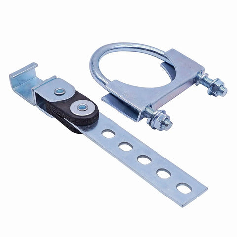 Get These Super Heavy Duty 3 Inch Swivel Exhaust Hangers With Reinforced Saddle U-Bolt Clamps To Securely Mount Your Muffler On Any Universal Tailpipe Setup Without Messy Mods. 3 inch mild steel exhaust hanger with rubber strap and U-bolt clamp