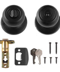 Coastal Matte Black Exterior Door Knob With Lock Easy Install And Adjustable Latch From 2-3/8 To 2-3/4 Inches Brass Body With Steel Internal Structure Includes Two Keys KW1 Keyway Round Steel Faceplate And Strike Zinc Alloy Latch Bolt set