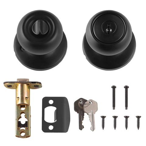 Coastal Matte Black Exterior Door Knob With Lock Easy Install And Adjustable Latch From 2-3/8 To 2-3/4 Inches Brass Body With Steel Internal Structure Includes Two Keys KW1 Keyway Round Steel Faceplate And Strike Zinc Alloy Latch Bolt set