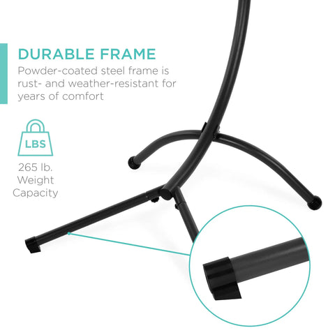 Sturdy steel frame base of Outdoor Hanging Curved Steel Chaise Lounge Chair Swing With Built In Pillow And Removable UV Resistant Canopy Teal