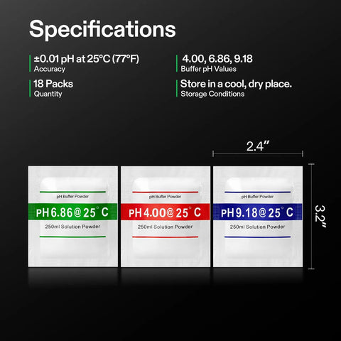 18 Pack pH Buffer Powders for Precise Calibration of Your pH Meter No-Fuss Buffers Include 6.86, 4.00, and 9.18 for Easy, Accurate Tester Readings and Reliable Results. 18 packs, 250ml powder packets