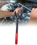 Front view of NOENNULL camshaft pulley holder tool with black steel forks and red handle.