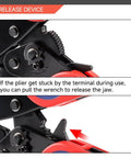 Close-up of Pro-Grade Ratcheting Crimping Tool For Sleeves Ferrule Ends And Pin Terminals release lever mechanism in use