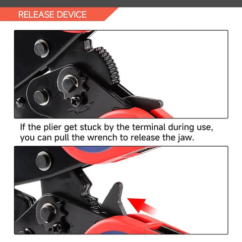 Close-up of Pro-Grade Ratcheting Crimping Tool For Sleeves Ferrule Ends And Pin Terminals release lever mechanism in use