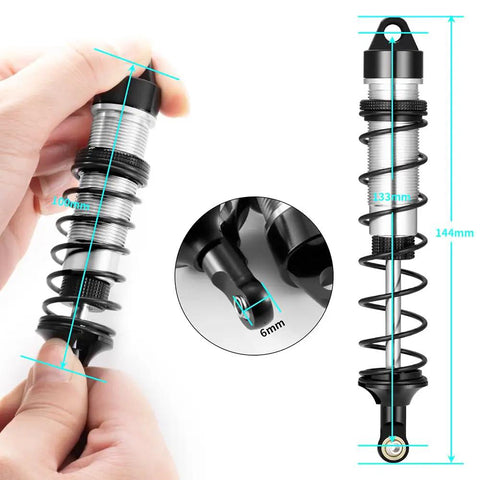 Adjustable Front And Rear RC Shock Absorbers Set For 1 Eighth Scale Buggies And Truggies Built For Typhon Kraton Outcast Sledge shown in hand