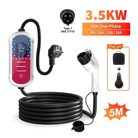 Premium 7kw Type One Evse Wallbox Charger For Electric Rides 32 Amps, 5M cable length with Type 1 plug and smart display.