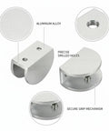 Glass Shelf Clip Clamp For 4 To 20mm Glass Thickness, Aluminum Silver Mount Bracket with drilled holes and grip mechanism shown
