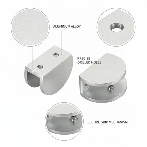 Glass Shelf Clip Clamp For 4 To 20mm Glass Thickness, Aluminum Silver Mount Bracket with drilled holes and grip mechanism shown