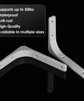 Rock Solid White Heavy Duty L Brackets For Wall Shelves 8 By 6 Inch Thick Steel Shelf Support shown against black background.
