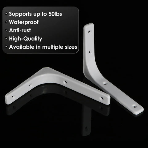 Rock Solid White Heavy Duty L Brackets For Wall Shelves 8 By 6 Inch Thick Steel Shelf Support shown against black background.