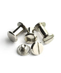 Sixty Pack Silver Chicago Screws Hella Tough Three Eighths Inch Flat Head Screw Posts Nickel Plated Metal Rivets close-up.