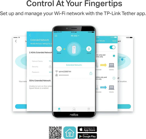 Smartphone screen showing app interface for AC1900 Dual Band WiFi Range Extender Amps Up Your Home Network With Gigabit Ethernet Port