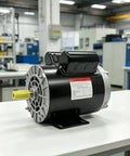 Heavy Duty 2 Horsepower 60 Gallon Air Compressor Electric Motor on a workbench, black design, features warning label.