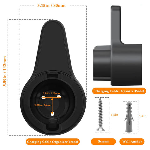 Super Tuff EV Charger Holder Wall Mount Keeps Your J1772 Nozzle And Cables Tucked In Tight So You Never Trip Over Your Gear When Plugging In Your Electric Ride With Zero Hassle, black plastic with dimensions.