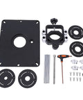 Sweet Precision Router Lift For Serious Shop Builders Craving Butter Smooth Height Adjustments Plus 69mm Insert Fit, black aluminum parts for woodshop use.
