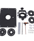 Industrial Grade Aluminum Router Lift System Featuring Fine Micro Adjustment Controls And Rock Solid Base Platform parts layout with interchangeable base rings.