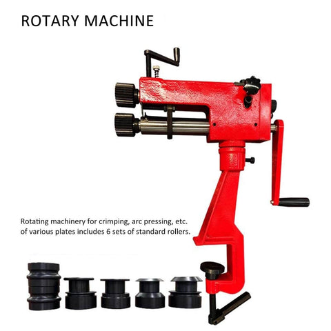 Red bead roller machine for sheet metal work with manual flare tool, six dies, adjustable gap, rotary bead former for pros and DIYers.