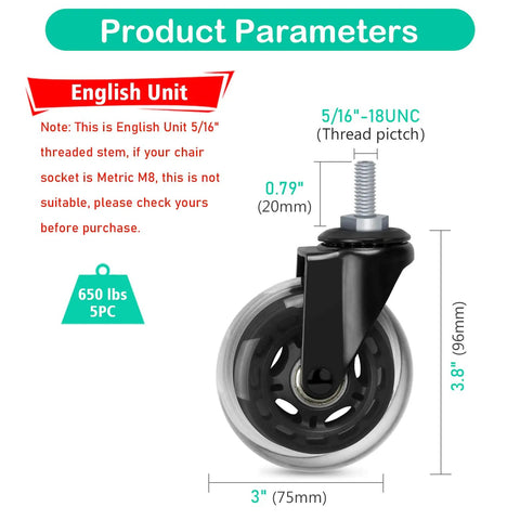 Dead Quiet 3 Inch Office Chair Casters With Standard 5/16 Thread Coarse Stem Smooth Ride Replacement Wheels showing size and specifications.